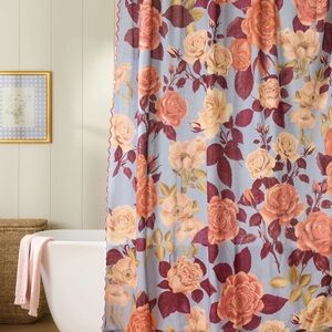 Anthropologie Floral Shower Curtain with Blue and Orange Accents NWT
